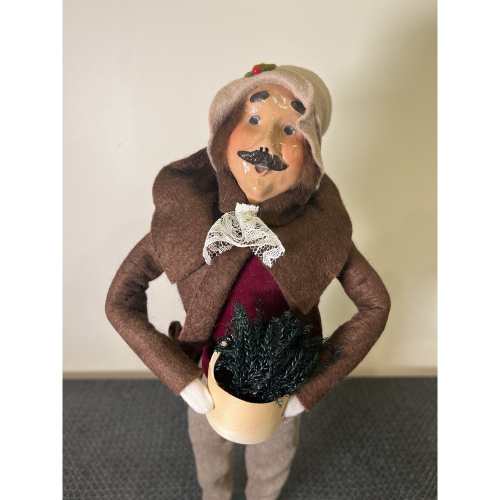 Vtg Byers Choice Caroler Man With Brown Mustache Holding Basket Of Greens,